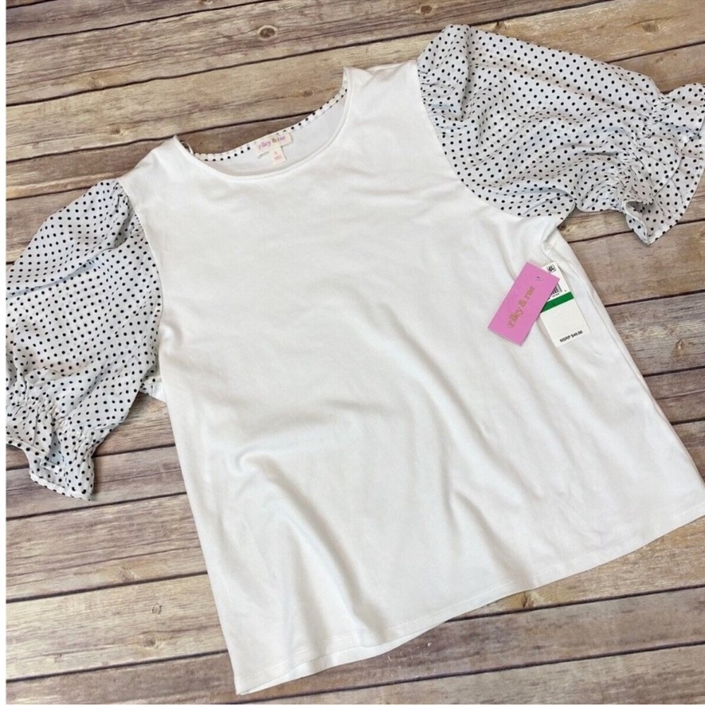 RILEY & RAE Polka-Dot Puff-Sleeve Blouse white size S - Picture 3 of 6